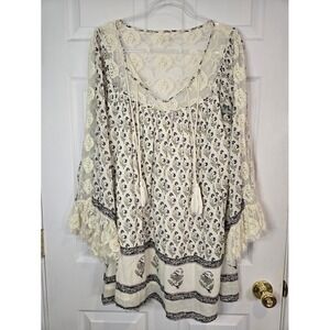 Free People Nomad Child Dress Size S Lace Inset Printed Boho Tassel Ivory Floral